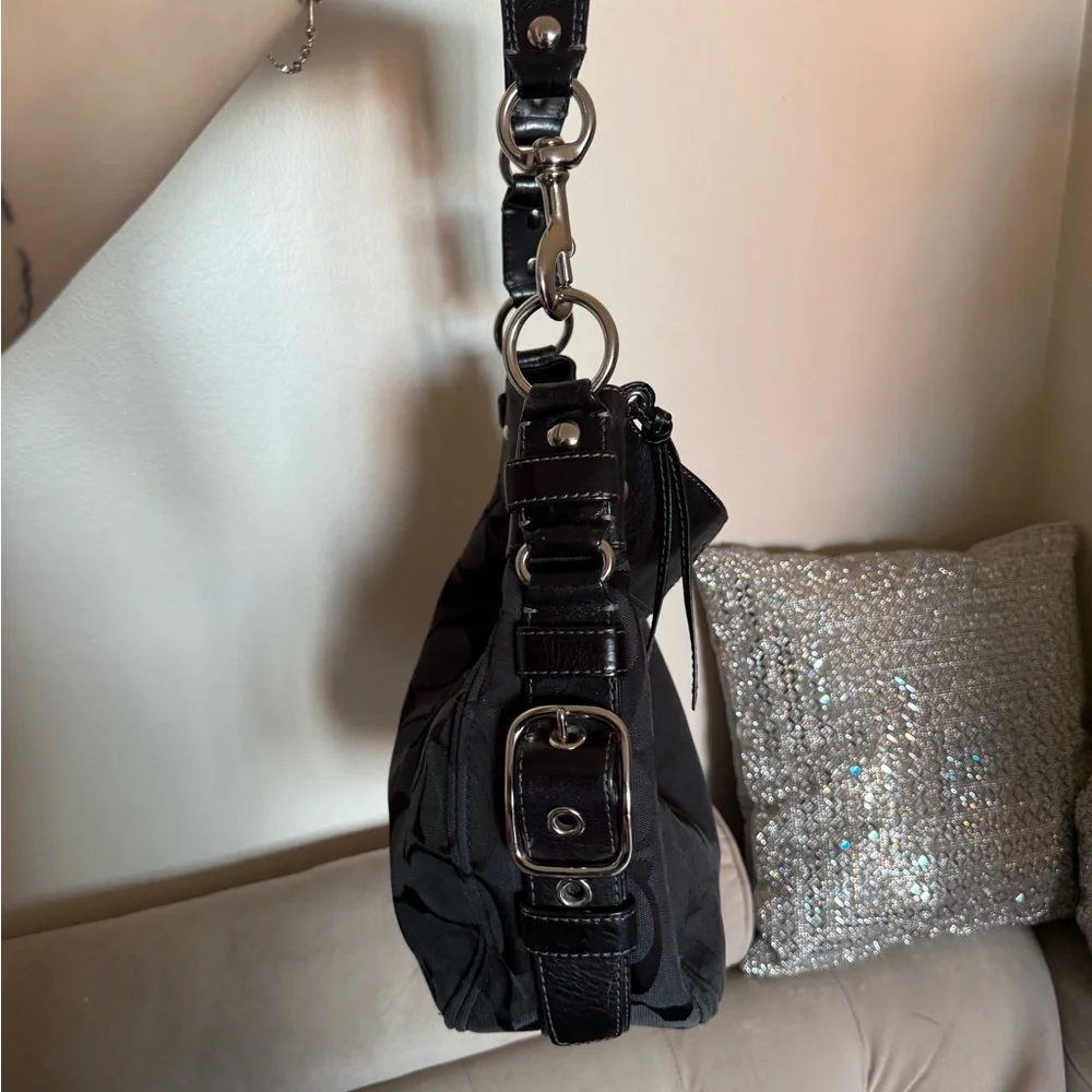 Coach Black Signature Shoulder Bag with Leather Trim - Picture 6 of 11